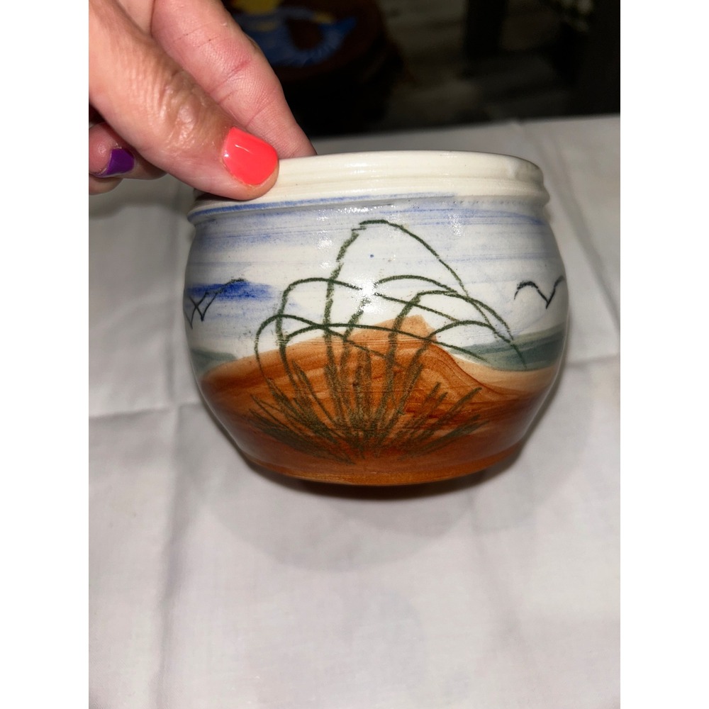 Signed Studio Pottery Coastal Beach Scene Ceramic Bowl Hand Painted Landscape - Picture 1 of 8